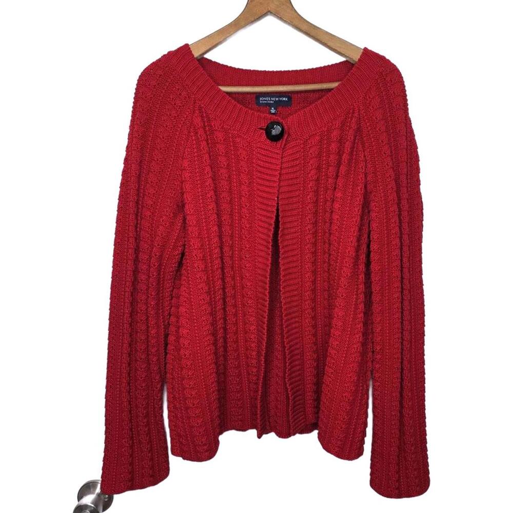 😀Jones New York Vibrant Red Knit 100 % Cotton Open Sweater Top Button XL Women
